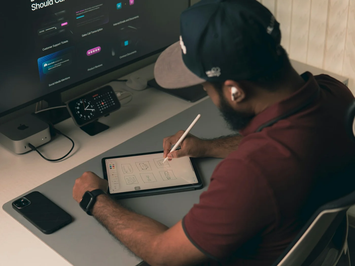 A designer working on page layouts at a desk