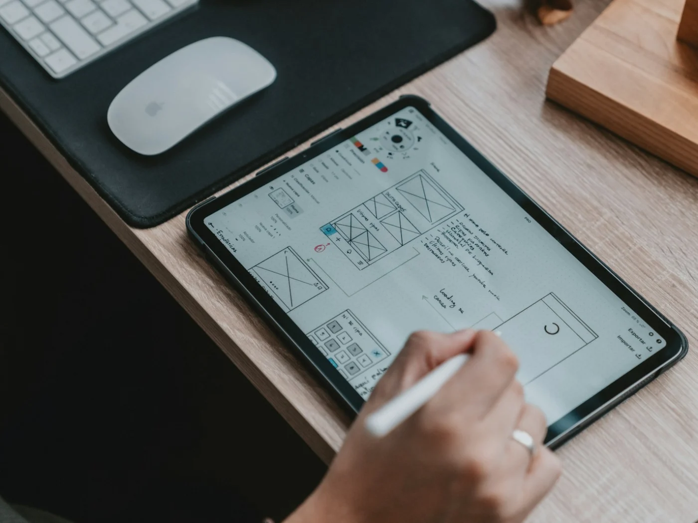 Wireframe sketches for a web page on a tablet and desk